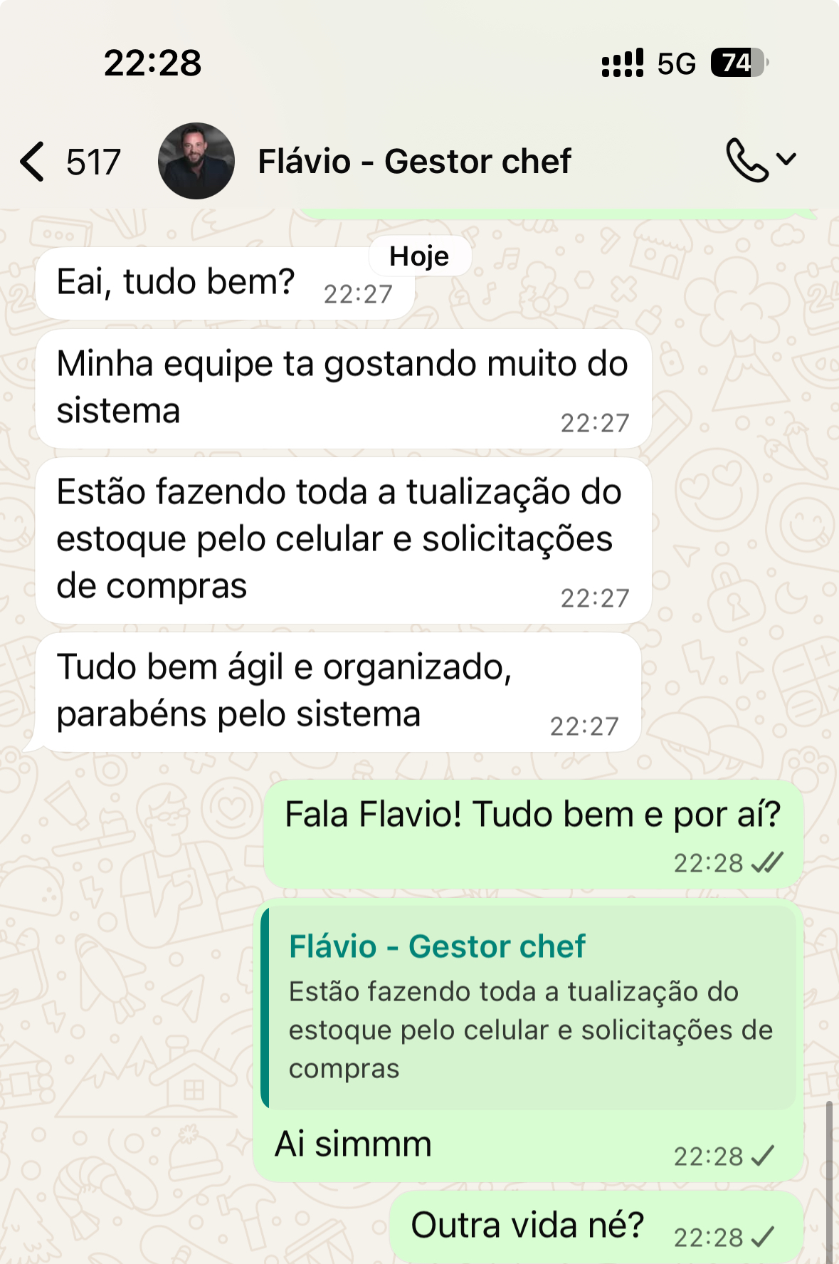 Depoimento de Flávio sobre o GestorChef via WhatsApp