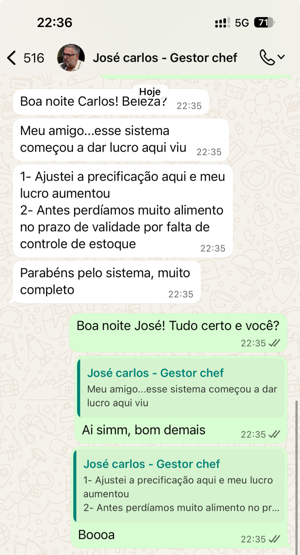 Depoimento de José Carlos sobre o GestorChef via WhatsApp