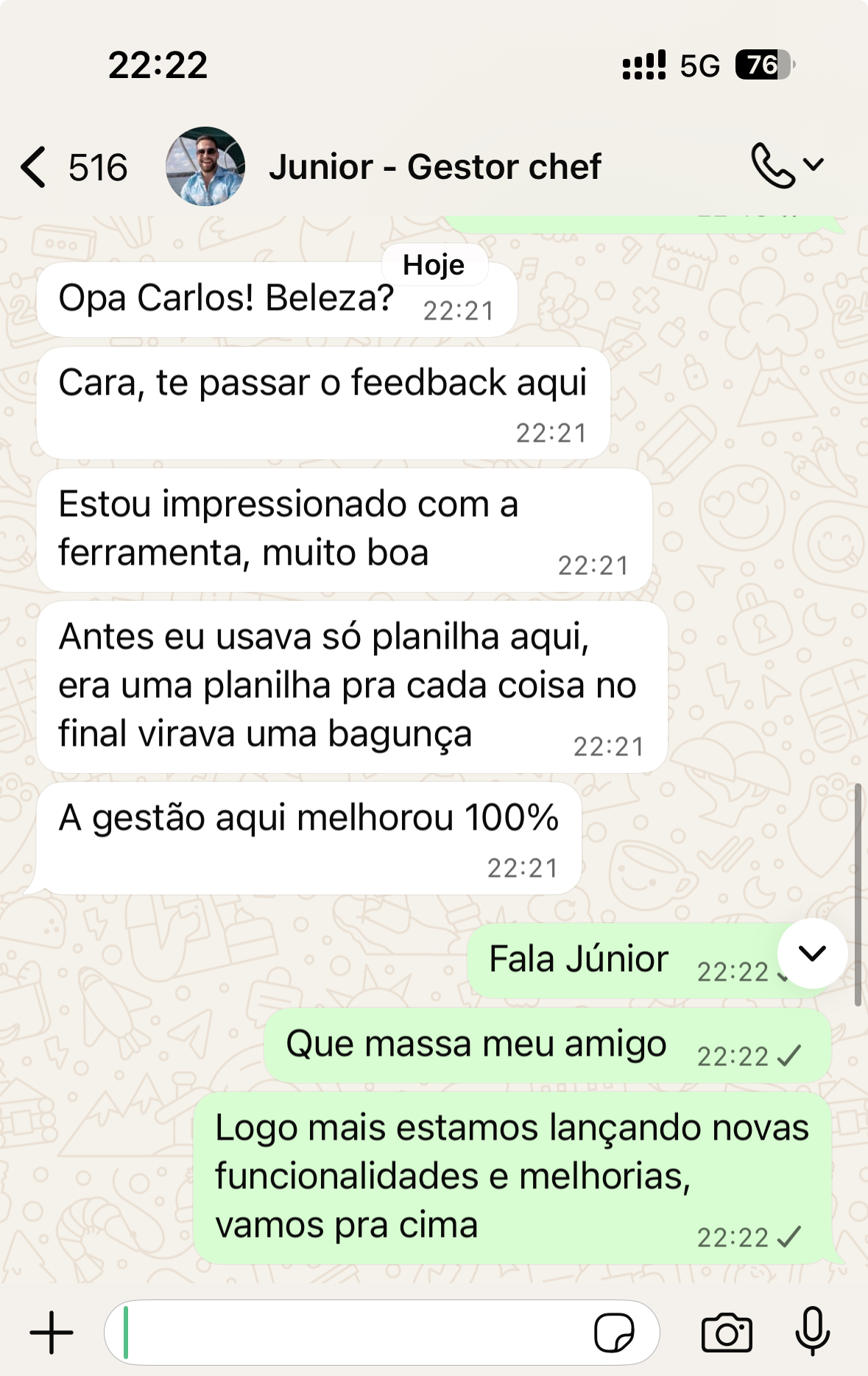 Depoimento de Junior sobre o GestorChef via WhatsApp